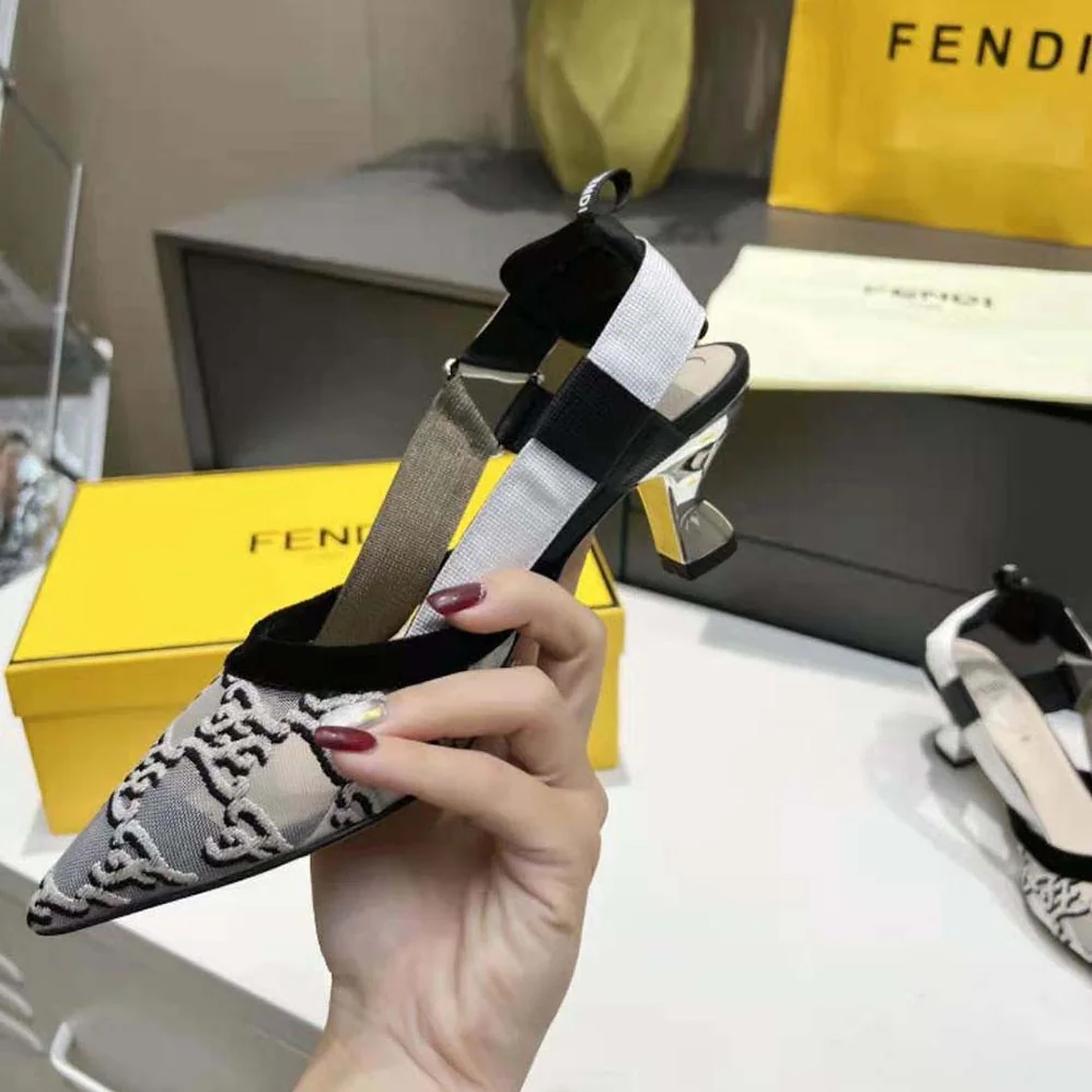 Fendi Colibri Gray Mesh and Embroidery High for Women in Heeled Slingbacks Fendi Colibri Gray Mesh and Embroidery High for Women in Heeled Slingbacks