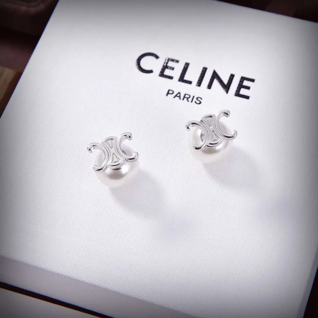 Celine Triomphe Pearl Earrings Silver