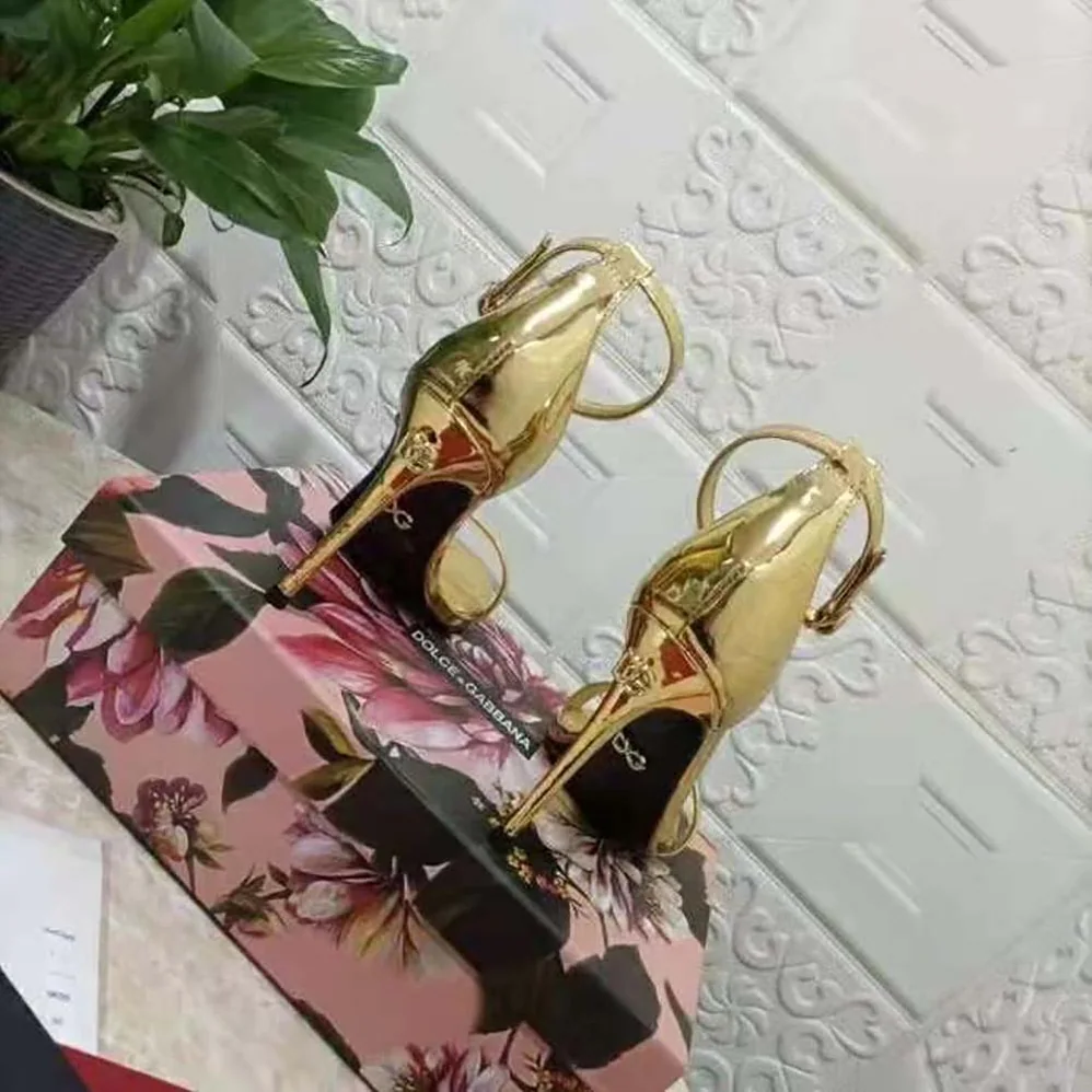 Dolce Gabbana D&G Mirrored-Effect Calfskin Sandals for Women in Gold Dolce Gabbana D&G Mirrored-Effect Calfskin Sandals for Women in Gold