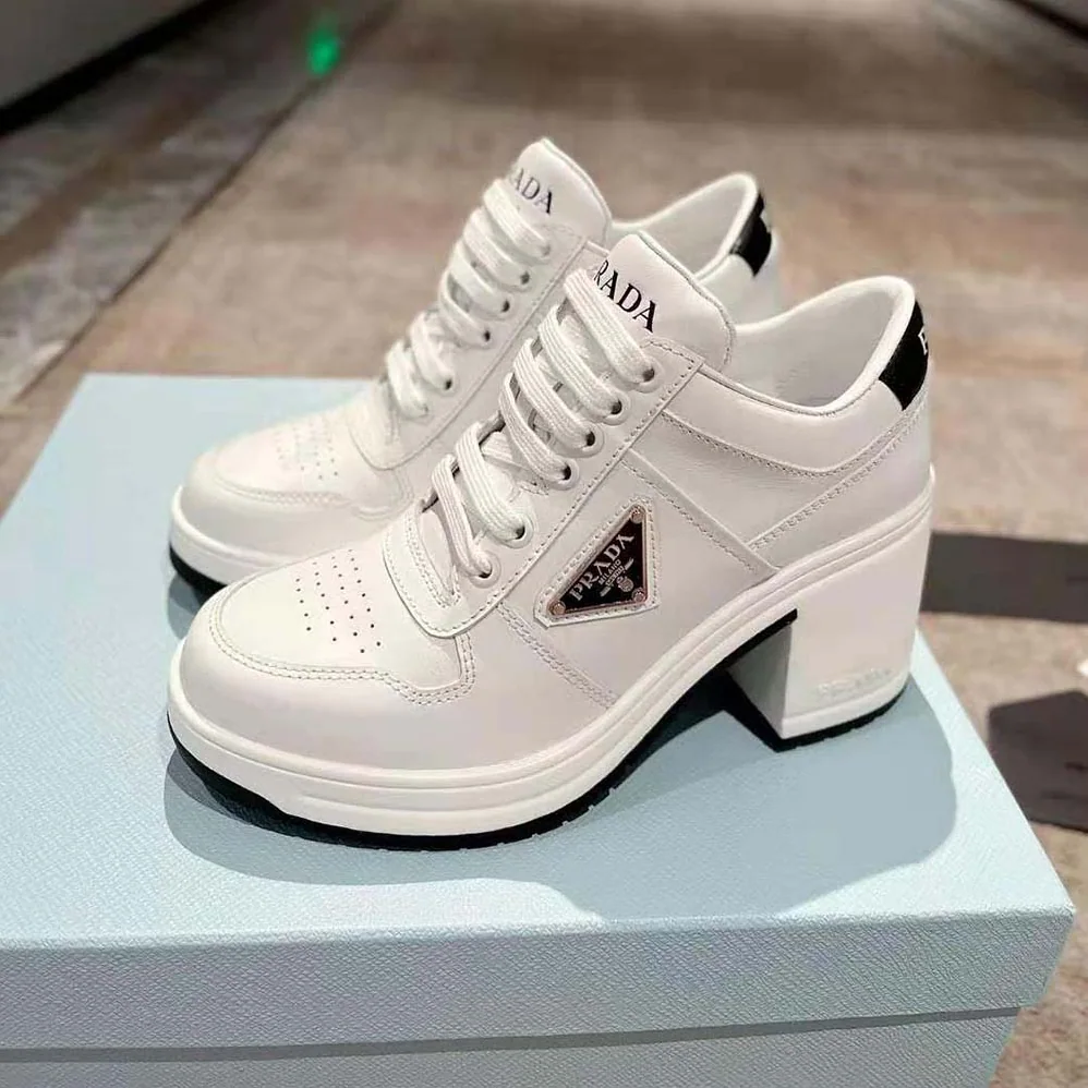 Prada Downtown High-Heeled Leather Sneakers for Women in White Prada Downtown High-Heeled Leather Sneakers for Women in White