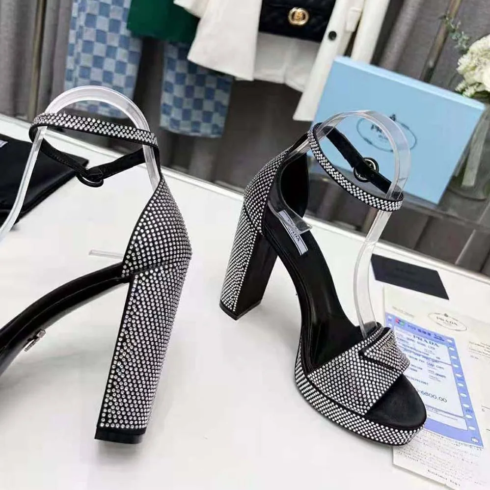 Prada Satin Platform Sandals with Crystals for Women in Black Prada Satin Platform Sandals with Crystals for Women in Black