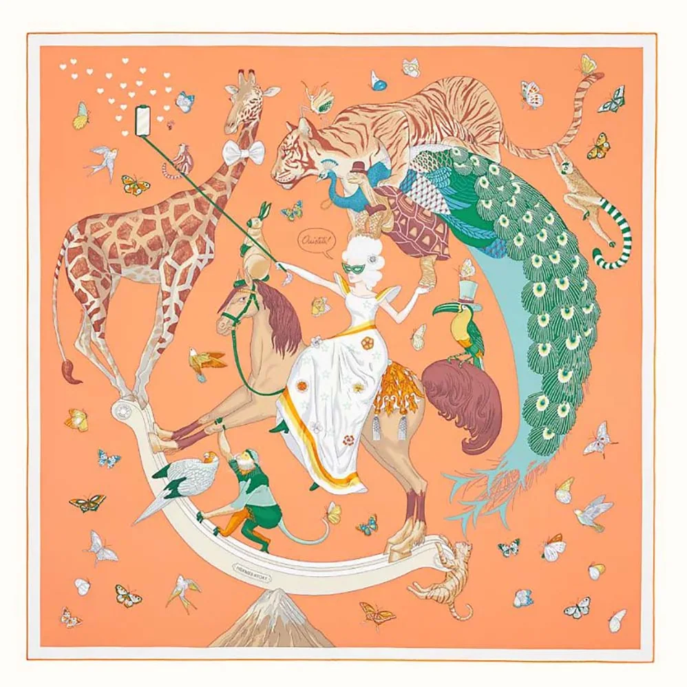 Hermes Story Scarf 90 in Silk Twill with Hand for Women in Rolled Edges Hermes Story Scarf 90 in Silk Twill with Hand for Women in Rolled Edges