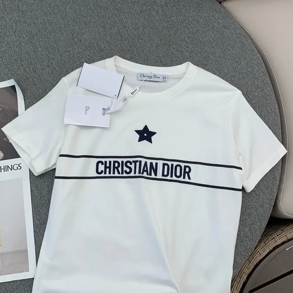 Dior T-Shirt White Cotton Jersey with Signature for Women