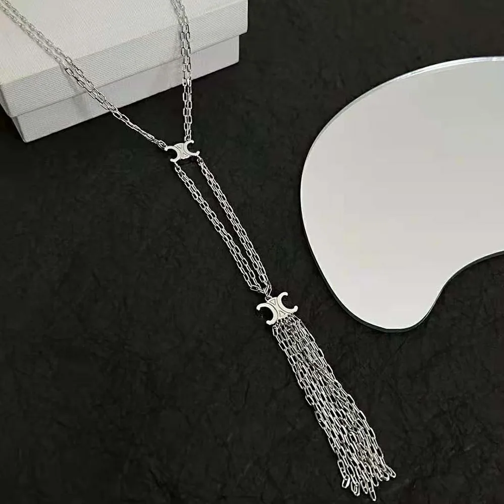 Celine Triomphe Folk Tie Long Necklace in Brass with Rhodium Finish for Women Celine Triomphe Folk Tie Long Necklace in Brass with Rhodium Finish for Women