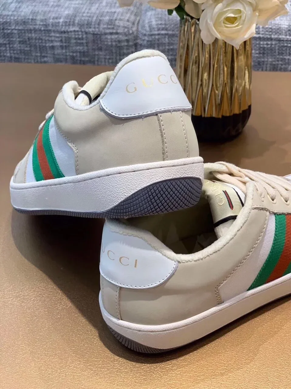 Gucci Screener Sneaker With Web Beige for Women in White Gucci Screener Sneaker With Web Beige for Women in White