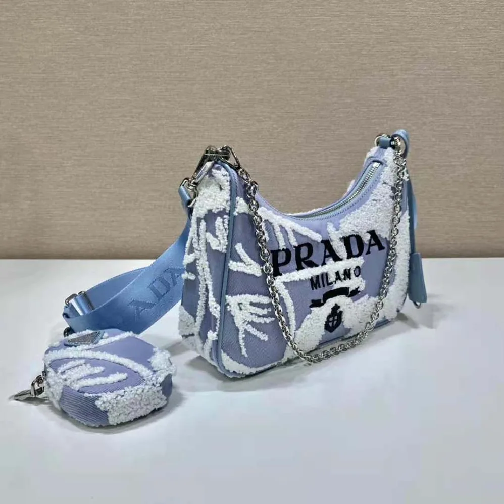 Prada Re-Edition 2006 Embroidered Drill Shoulder Bag for Women in Blue