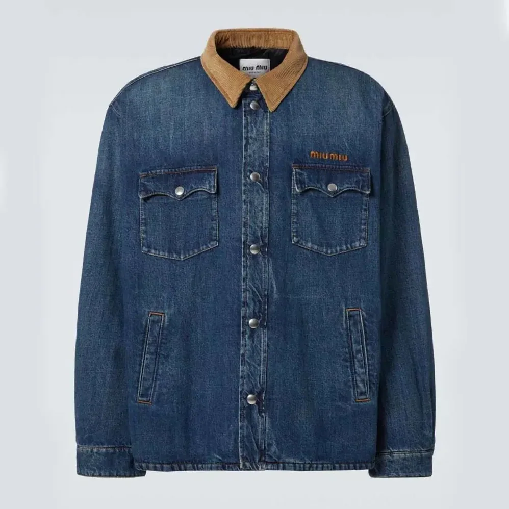 Miu Miu Denim Down Jacket with Embroidered Logo for Women