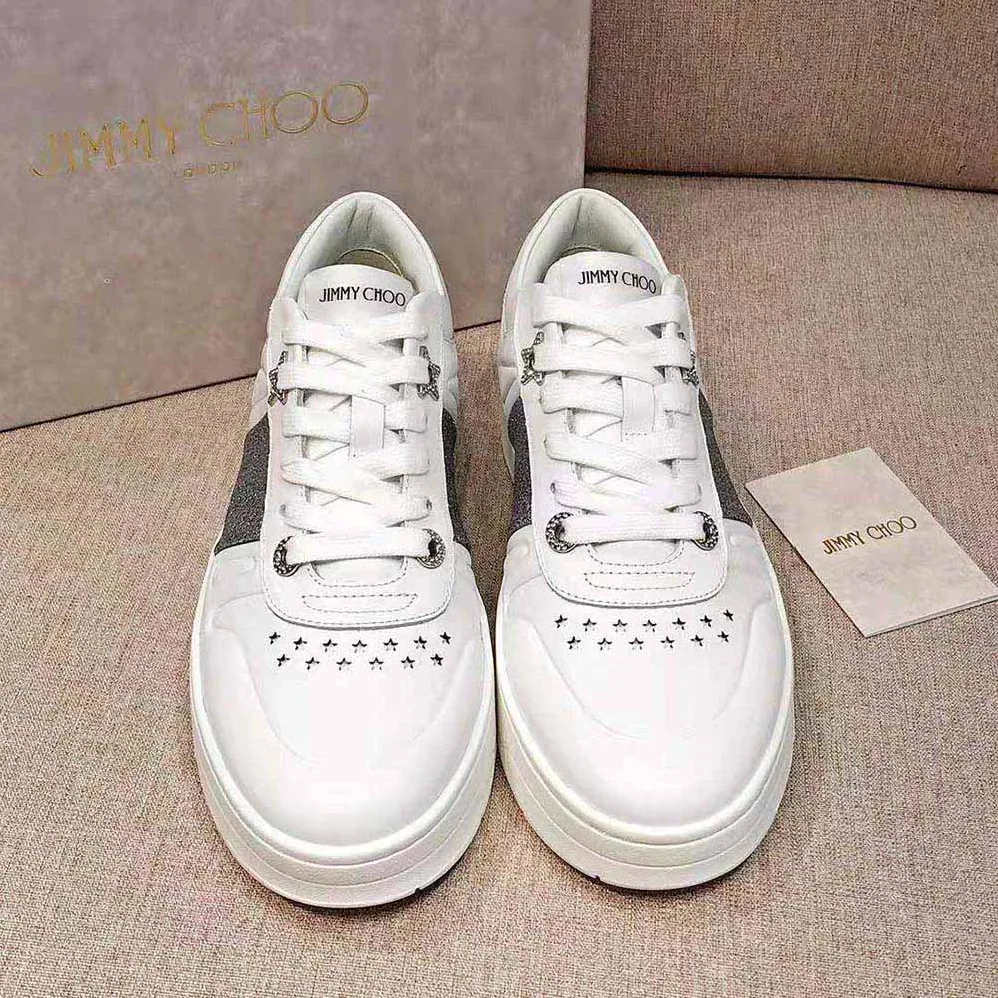 Jimmy Choo Hawaii/f White Calf Leather Lace-Up Trainers with Glitter Stripe for Women Jimmy Choo Hawaii/f White Calf Leather Lace-Up Trainers with Glitter Stripe for Women