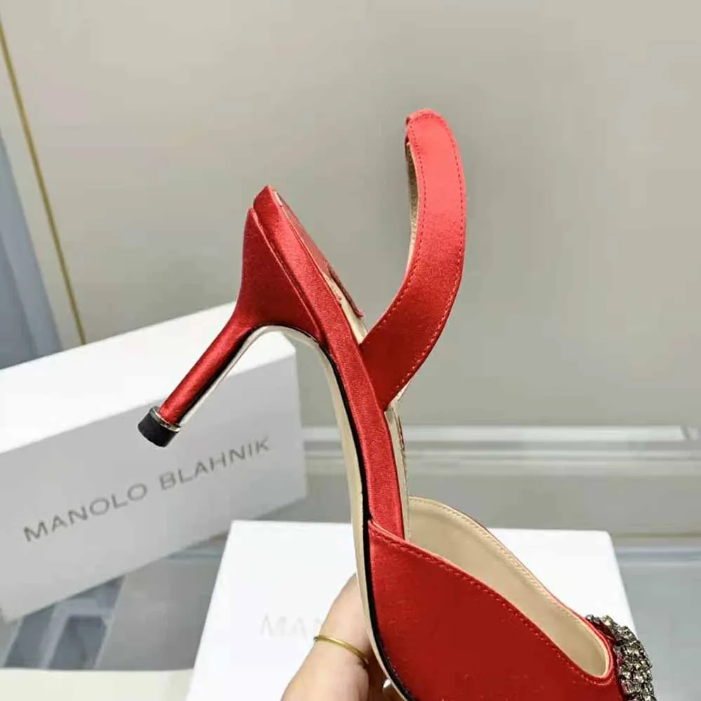 Manolo Blahnik Red Satin Jewel Buckle Slingback Pumps for Women Manolo Blahnik Red Satin Jewel Buckle Slingback Pumps for Women