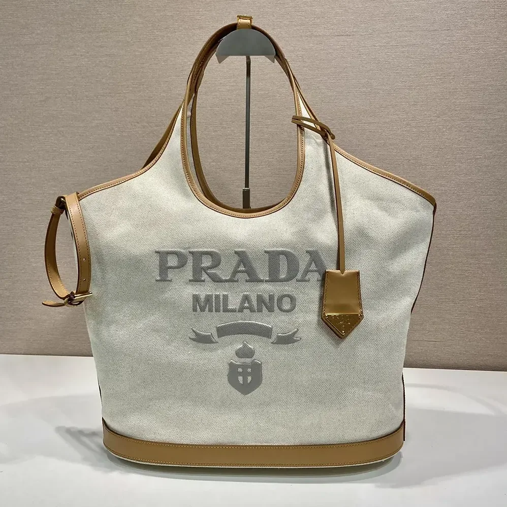 Prada Large Linen Blend and Leather Tote Bag for Women