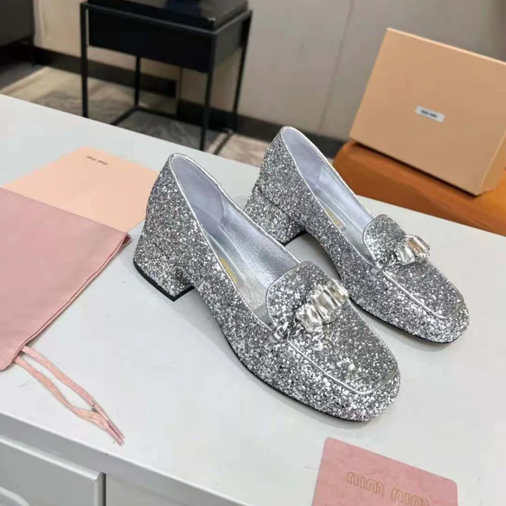 Miu Miu Glitter Fabric Loafers with Fabric Logo Label for Women Miu Miu Glitter Fabric Loafers with Fabric Logo Label for Women