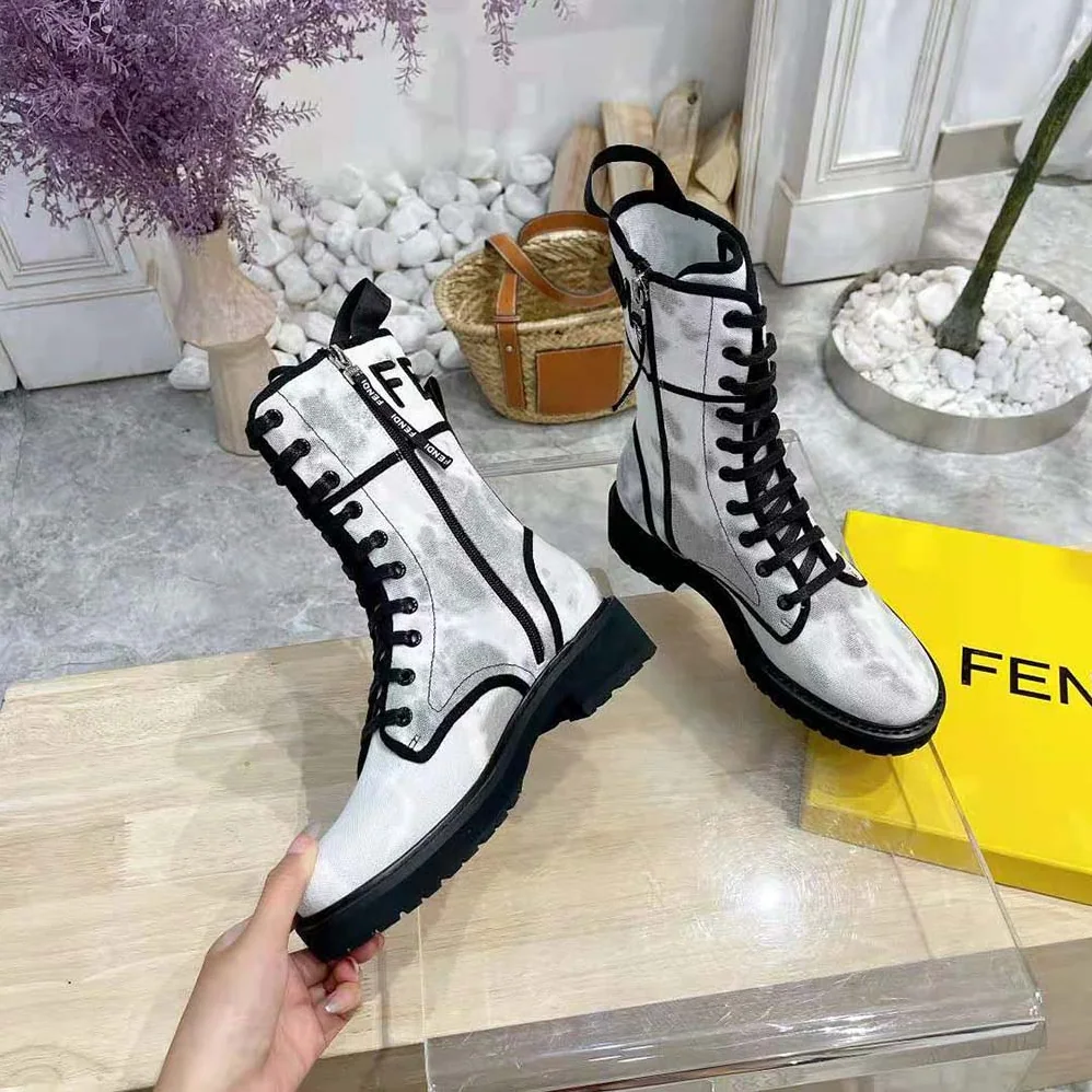 Fendi Signature Gray Canvas Biker Boots for Women