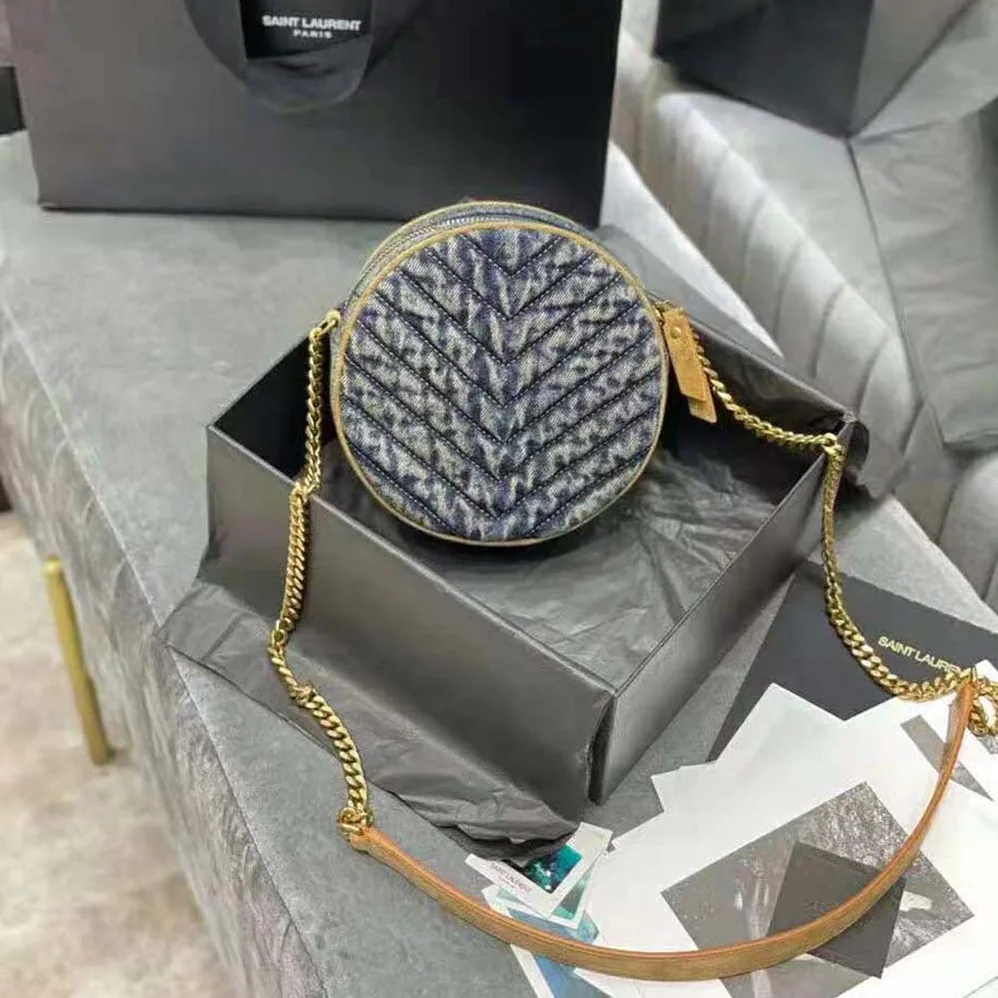 Saint Laurent YSL Vinyle Round Camera Bag in Chevron for Women in Quilted Denim and Suede Saint Laurent YSL Vinyle Round Camera Bag in Chevron for Women in Quilted Denim and Suede