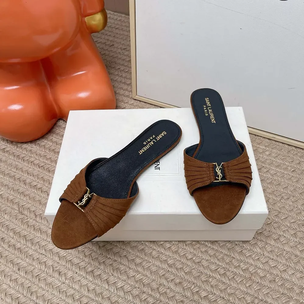 Saint Laurent YSL Babylone Slides In Suede Dark Brown for Women