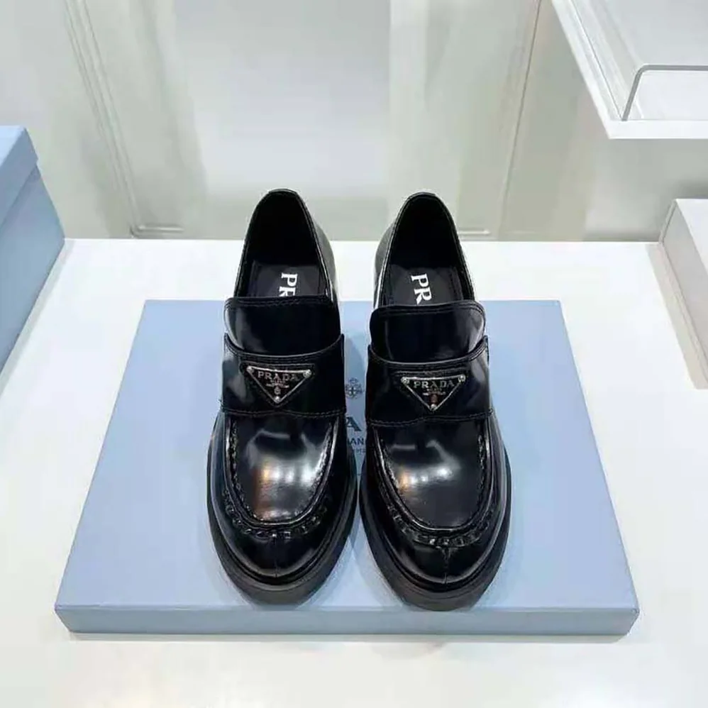 Prada Chocolate High for Women in Heeled Brushed Leather Loafers Prada Chocolate High for Women in Heeled Brushed Leather Loafers