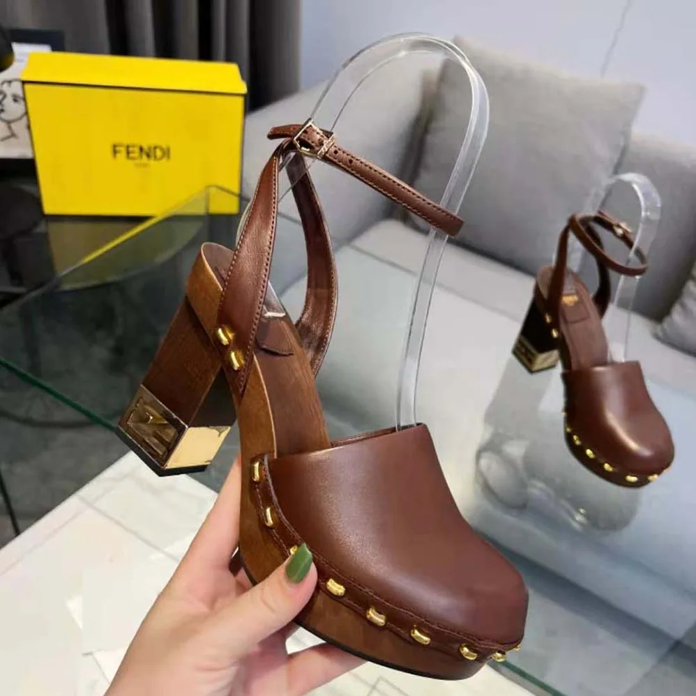 Fendi Baguette Show Brown Leather High for Women in Heeled Clogs Fendi Baguette Show Brown Leather High for Women in Heeled Clogs