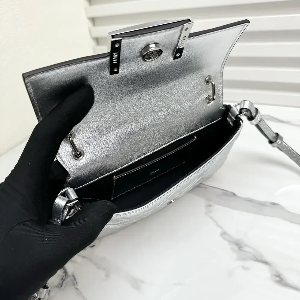 Fendi Baguette Phone Pouch Craquelé Silver Leather Pouch for Women