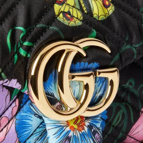 Gucci Marmont Mini Shoulder Bag / Black in Multicolor Flora Gold Hardware