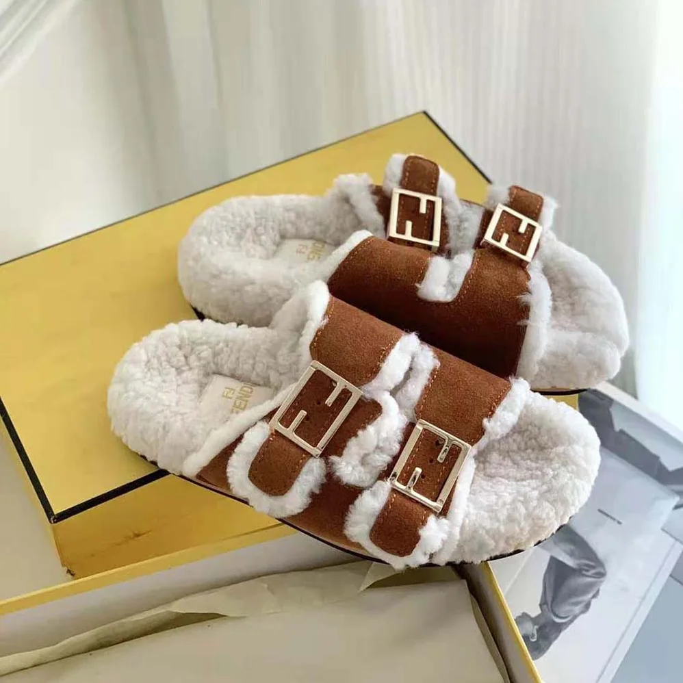 Fendi Feel White Sheepskin Slides for Women