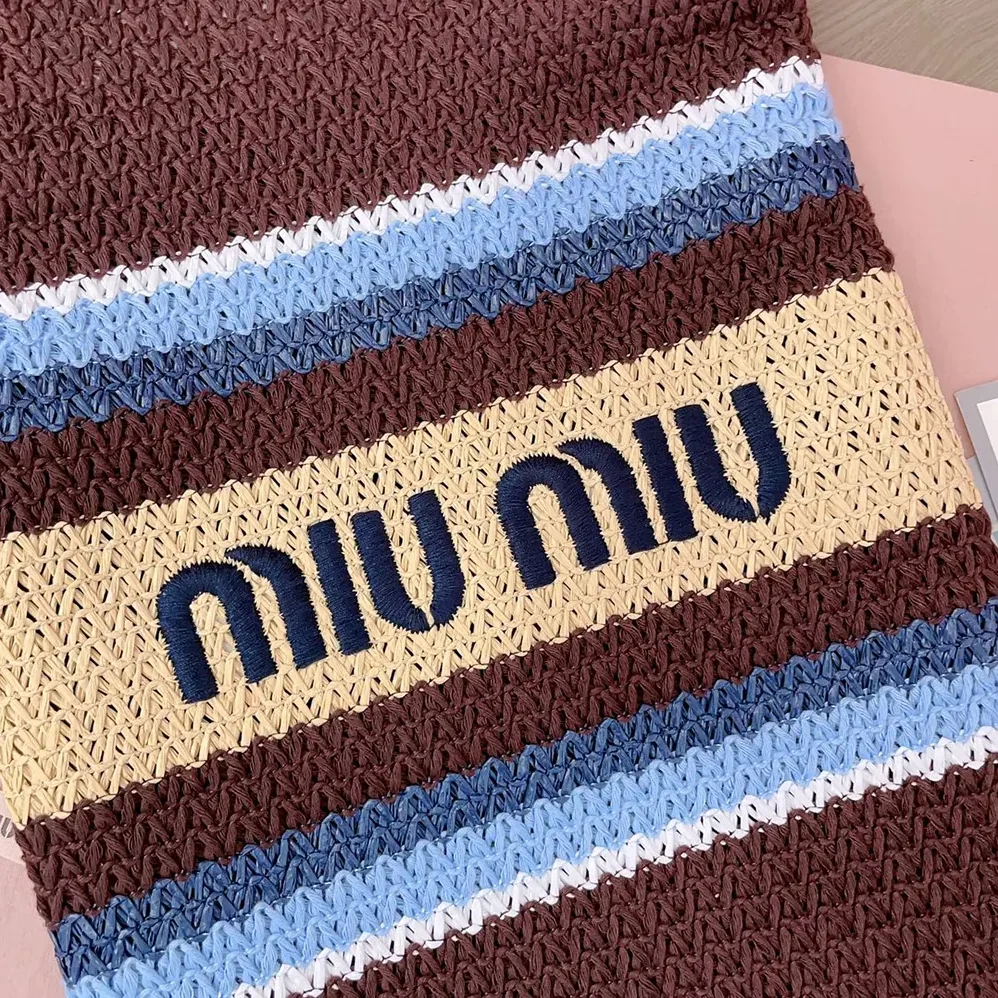 Miu Miu Raffia-Effect Woven Tote Bag for Women in Cocoa Brown/Celeste/Natural