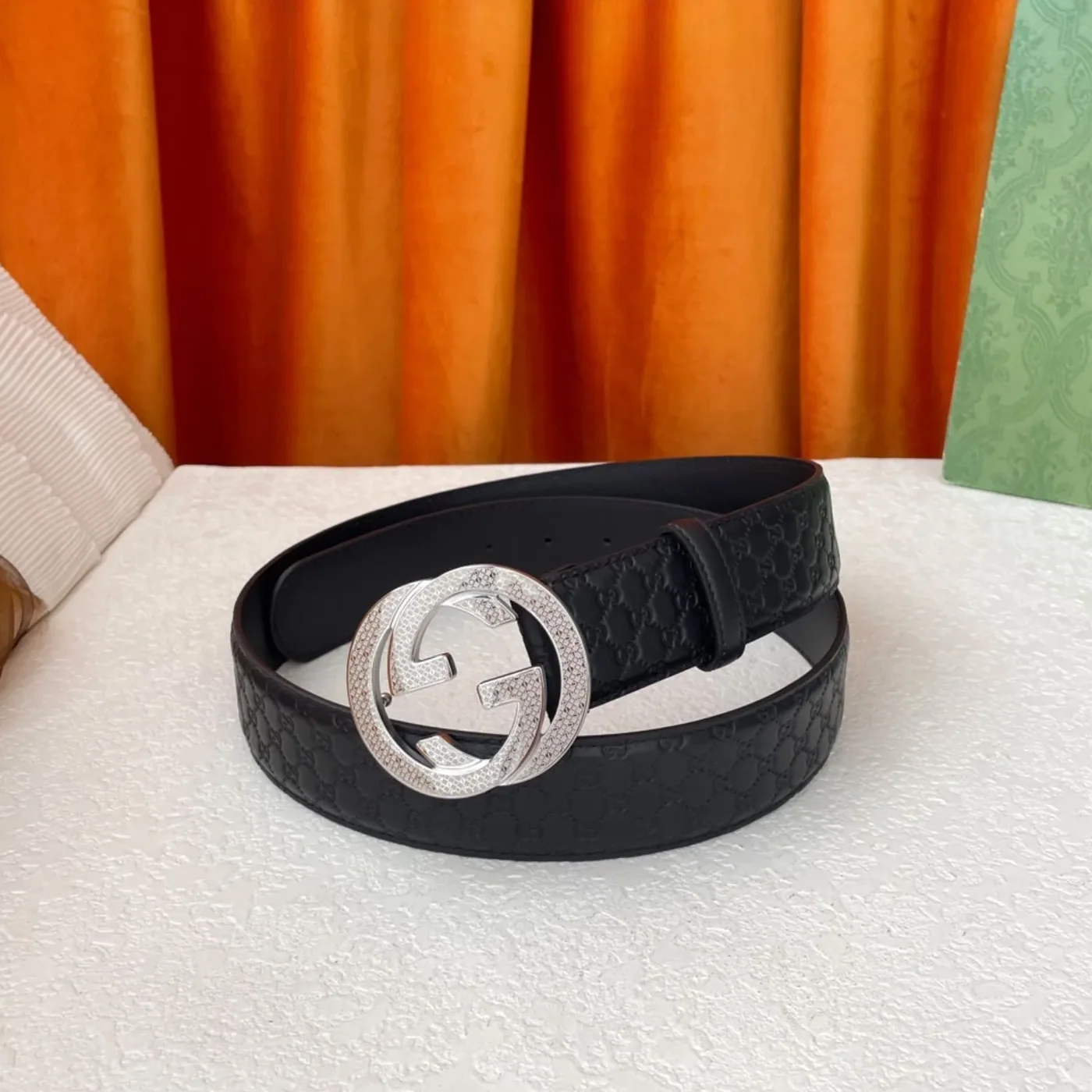 Gucci Monogram Belt Black With Silver Crystal Buckle Gucci Monogram Belt Black With Silver Crystal Buckle