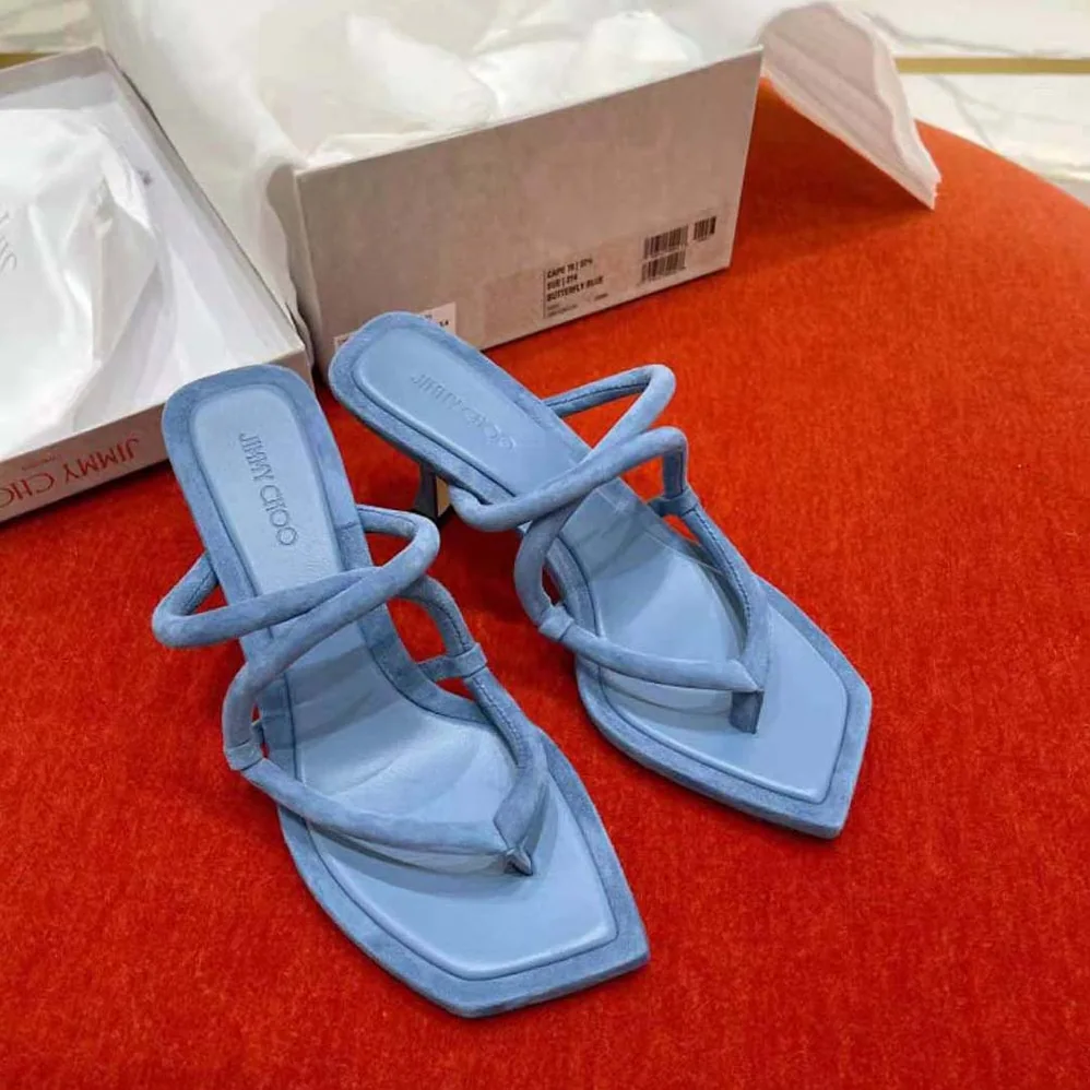 Jimmy Choo Cape 70 Butterfly Blue Suede Thong Mules for Women