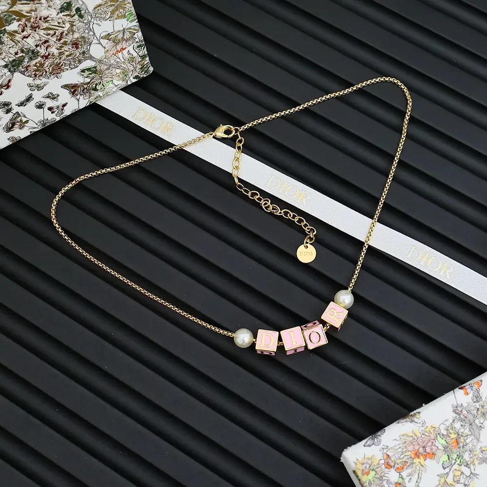 Dior D-Dice Necklace Gold-Finish Metal with Pale Pink Lacquer and White Resin Pearls for Women