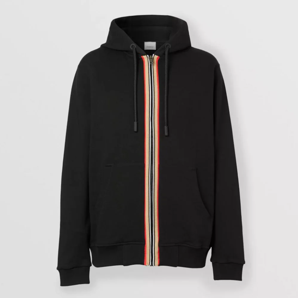 Burberry Icon Stripe Detail Cotton Hooded Top for Men in Black