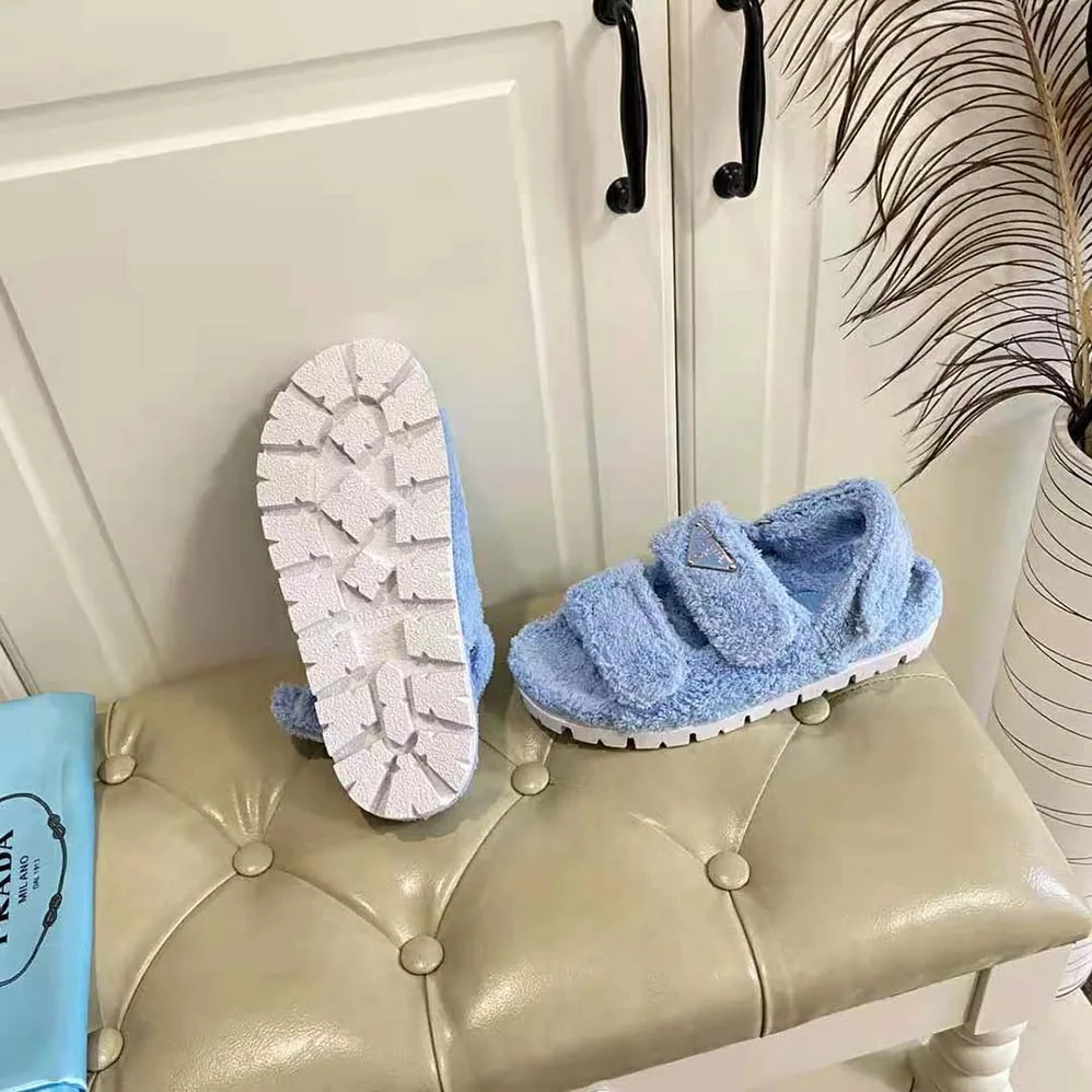Prada Terrycloth Sandals with Enameled Metal Triangle Logo for Women in Blue