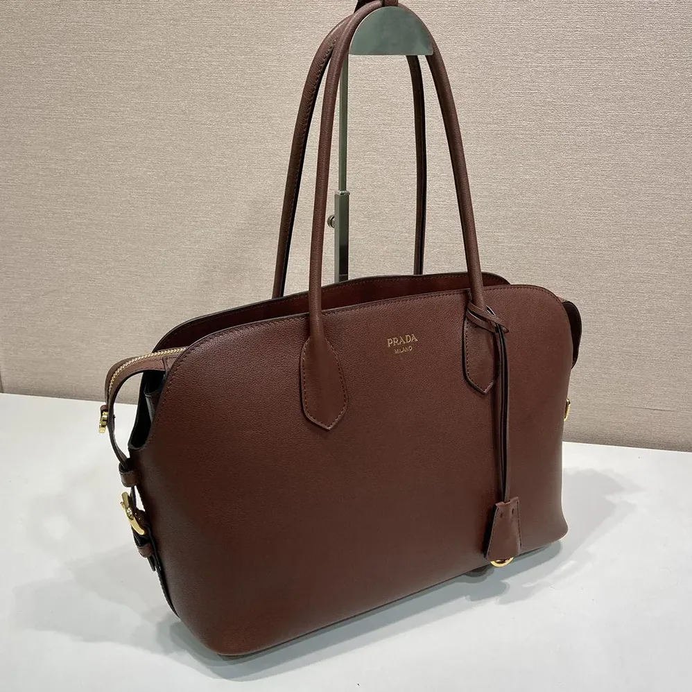 Prada Large Leather Tote Bag for Women in Dark Brown