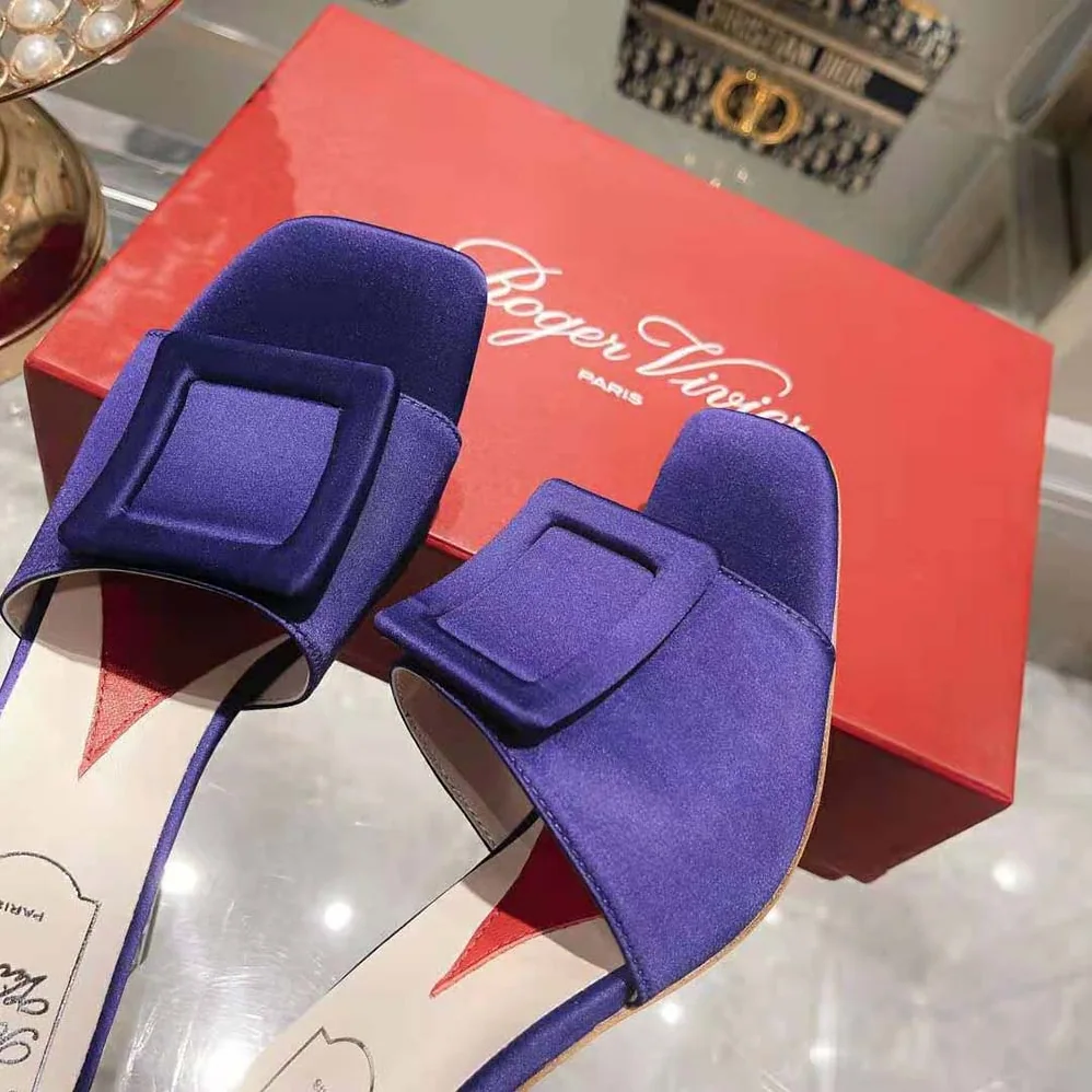 Roger Vivier Cube Strass Heel Mules in Satin for Women in Purple Roger Vivier Cube Strass Heel Mules in Satin for Women in Purple