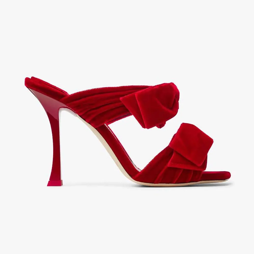 Jimmy Choo Flaca Sandal 100 Red Velvet Sandal with Bow for Women Jimmy Choo Flaca Sandal 100 Red Velvet Sandal with Bow for Women