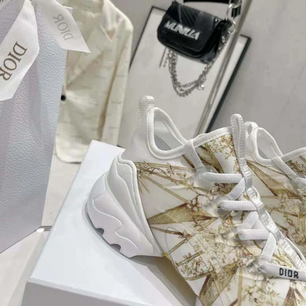 Dior D-Connect Sneaker White and Gold-Tone Technical Fabric with Rêve D'Infini Print for Women