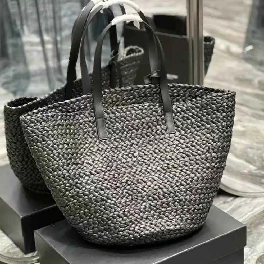 Saint Laurent YSL Panier Medium Bag in Raffia for Women in Black