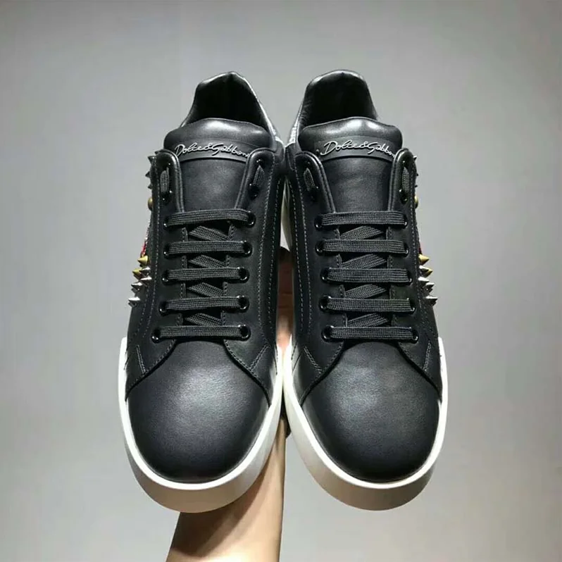 Dolce Gabbana D&G Shoes Calfskin Portofino Sneakers With Patch for Men in Black