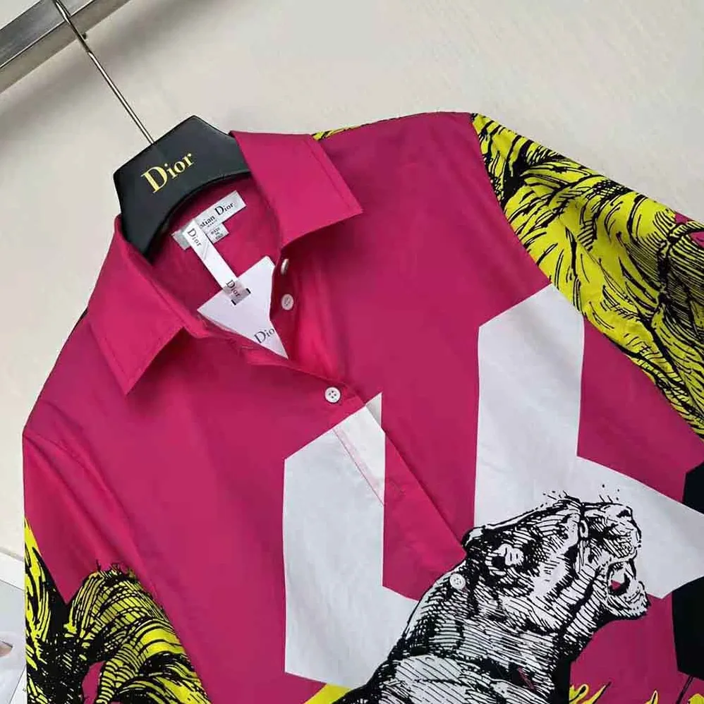 Dior Short-Sleeved Blouse Pink Cotton Poplin with Multicolor D for Women in Tiger Pop Motif