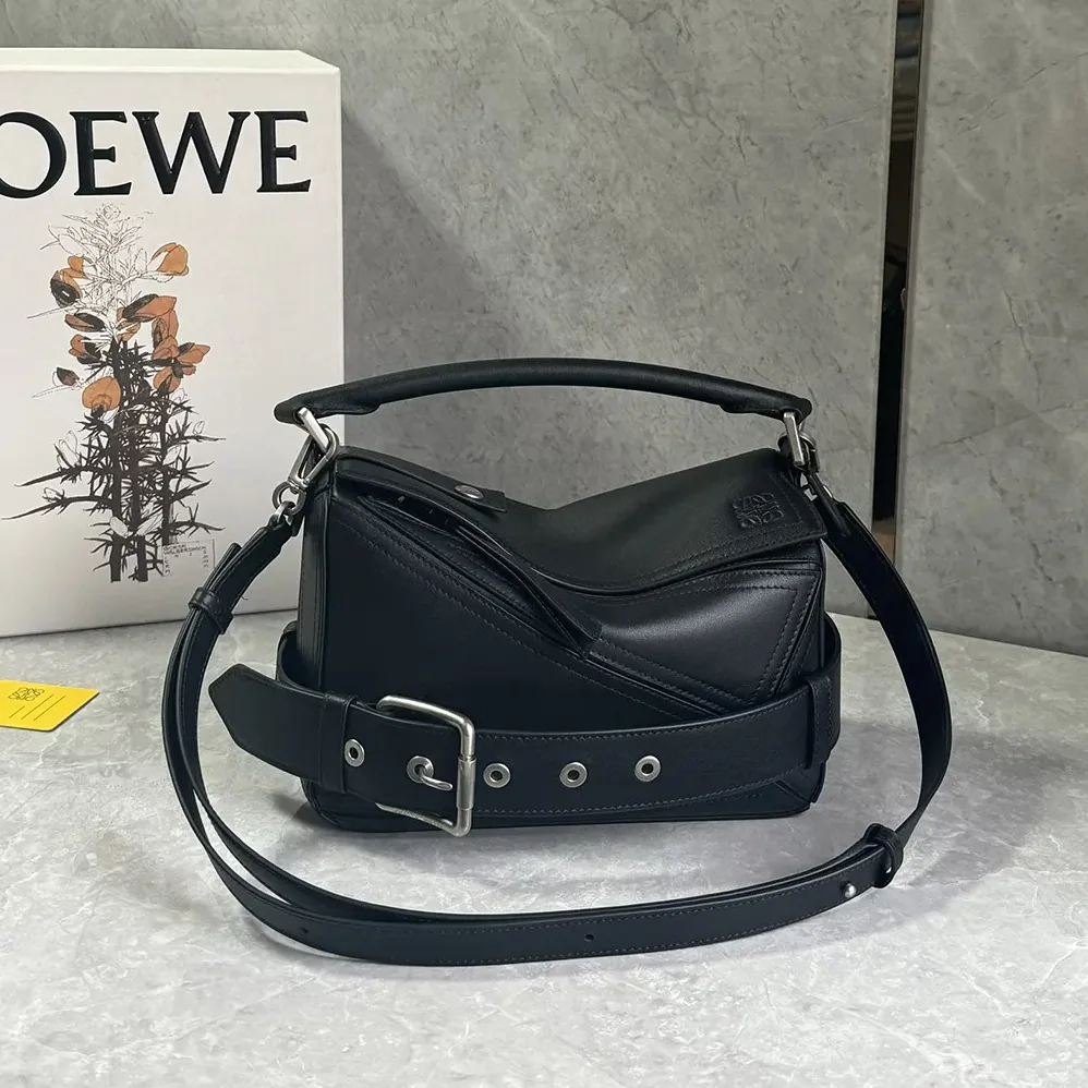 Loewe Small Puzzle Biker Bag in Shiny Calfskin for Unisex in Black