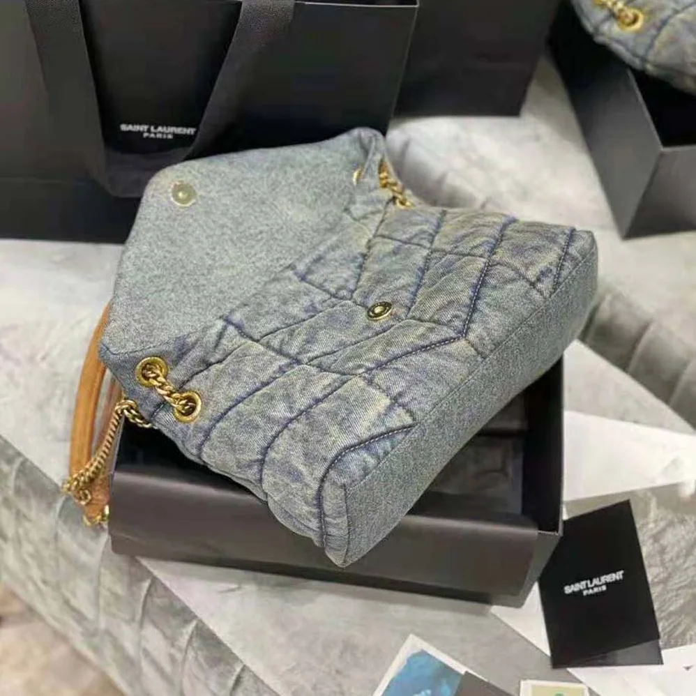 Saint Laurent YSL Puffer Small Bag in Quilted Vintage Denim and Suede for Women Saint Laurent YSL Puffer Small Bag in Quilted Vintage Denim and Suede for Women