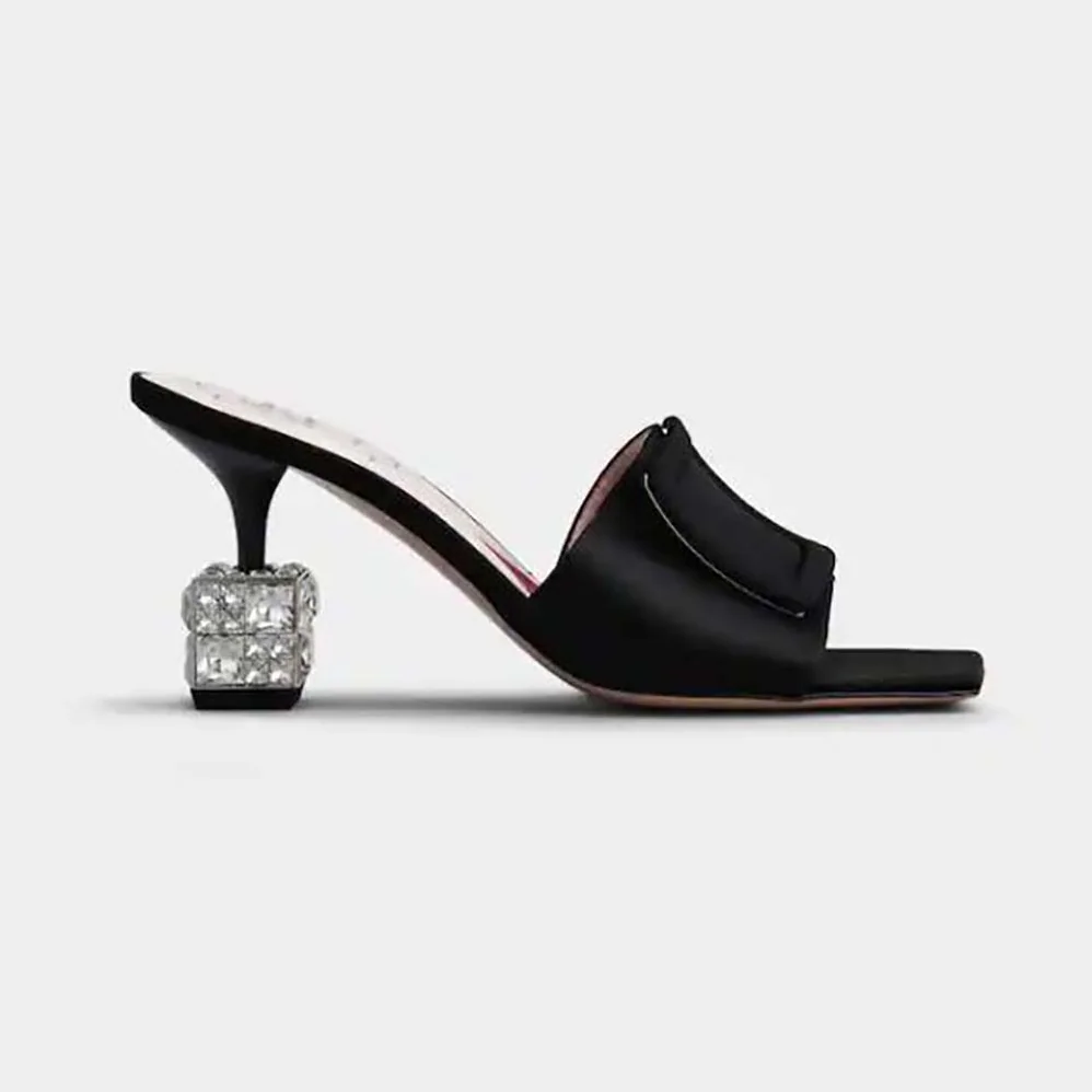 Roger Vivier Cube Strass Heel Mules in Satin for Women in Black Roger Vivier Cube Strass Heel Mules in Satin for Women in Black