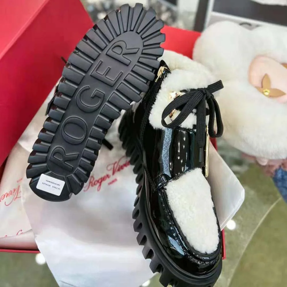 Roger Vivier Viv' Go-Thick Metal Buckle Fur Ankle Boots in Patent Leather for Women Roger Vivier Viv' Go-Thick Metal Buckle Fur Ankle Boots in Patent Leather for Women