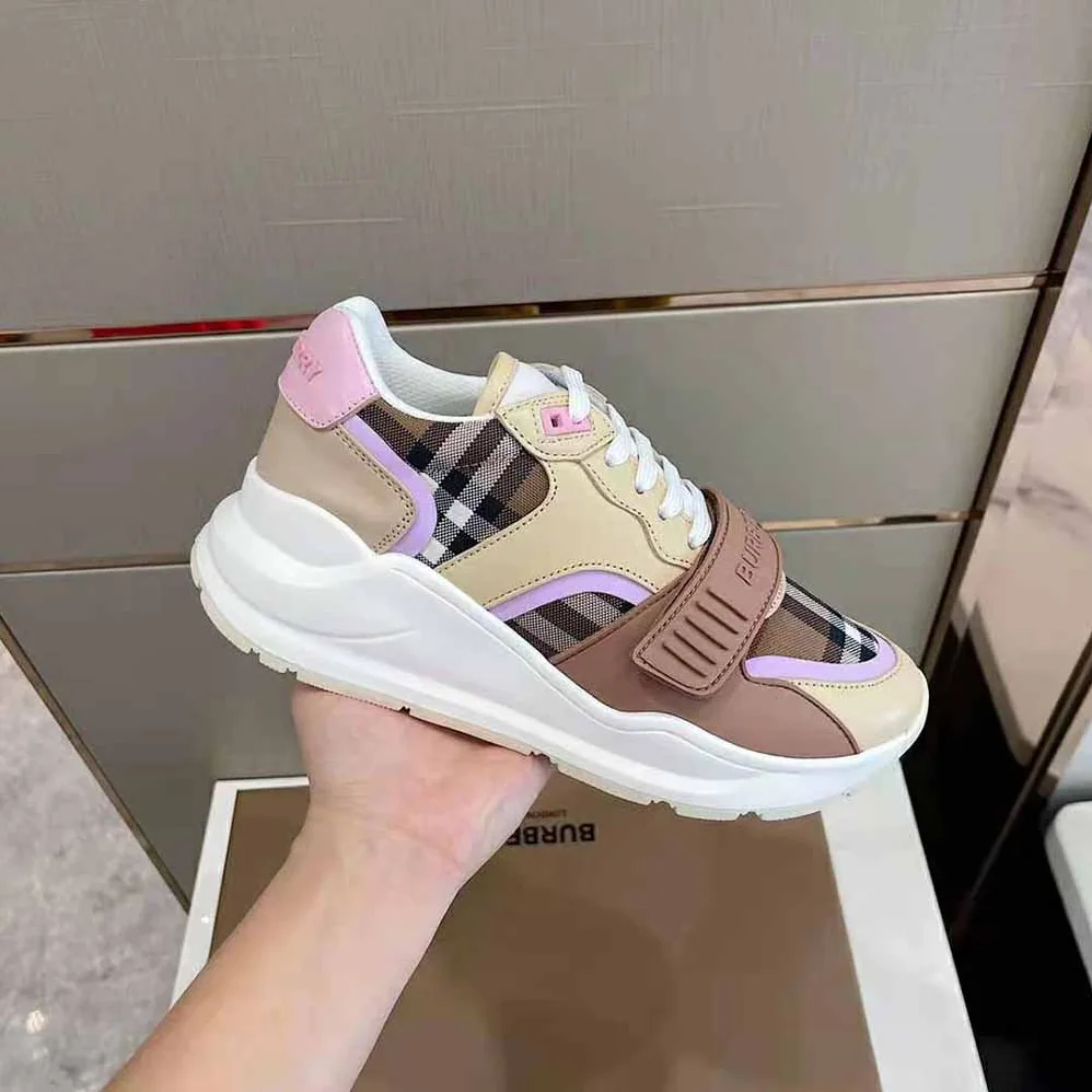 Burberry Check Cotton and Leather Sneakers for Women in Pink