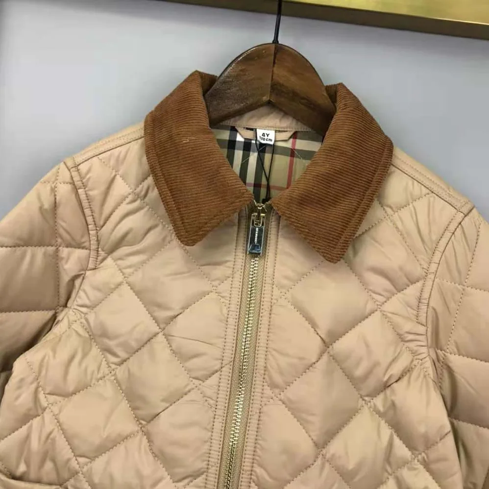 Burberry Kids' Corduroy Collar Diamond Quilted Jacket in Beige