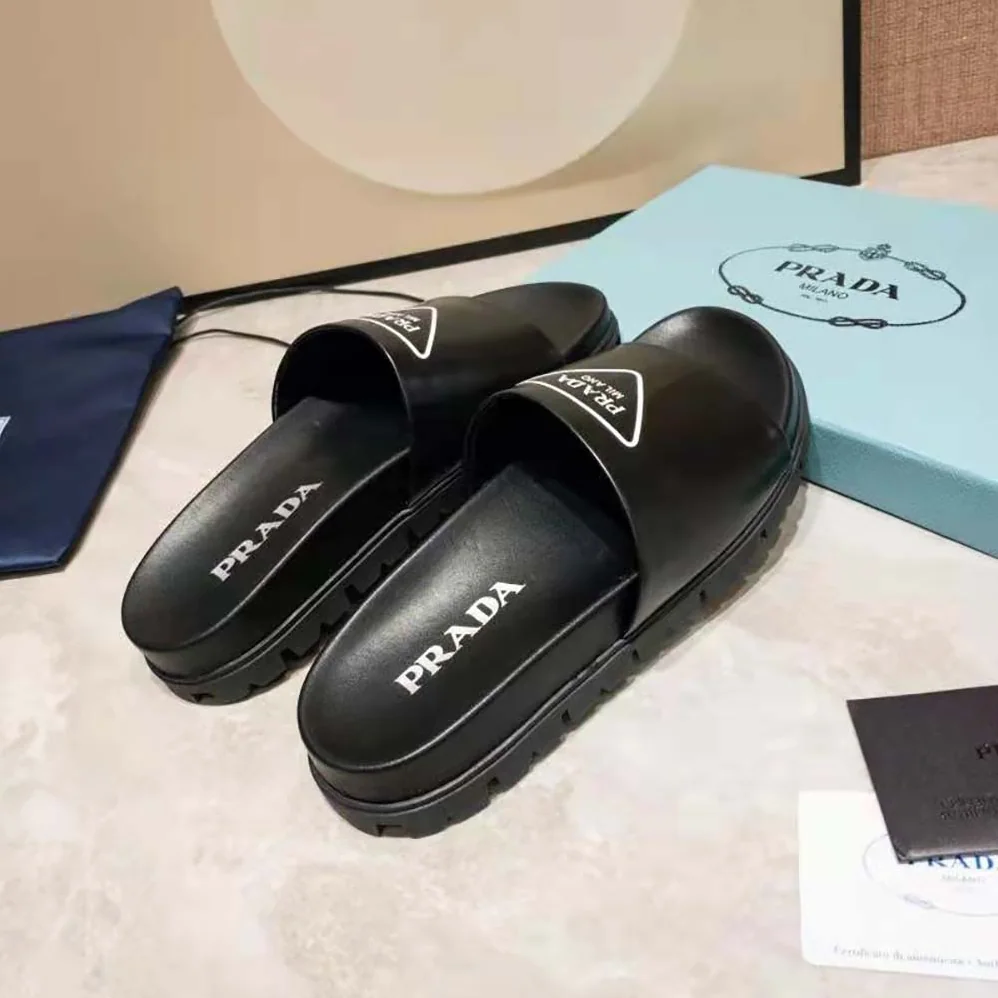 Prada Leather Slides in 20mm Heel for Women in Black Prada Leather Slides in 20mm Heel for Women in Black