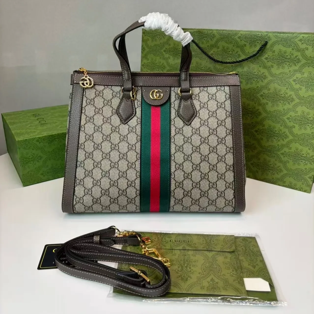 Gucci Ophidia Medium Top Handle Bag / Beige/Ebony Supreme Canvas Gold Hardware