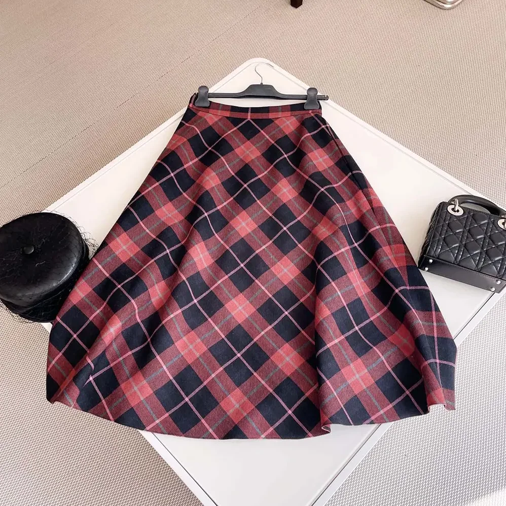 Dior Flared Mid-Length Skirt Pink Gray and White Check'n'Dior Virgin Wool for Women Dior Flared Mid-Length Skirt Pink Gray and White Check'n'Dior Virgin Wool for Women