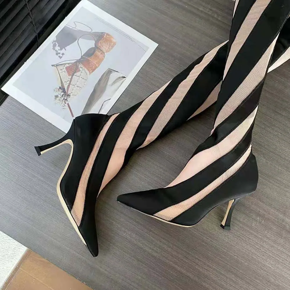Jimmy Choo Mugler Sock OTK Boot Black and Nude Sheer Spiral Stretch Fabric Sock Over-The for Women in Knee Boots Jimmy Choo Mugler Sock OTK Boot Black and Nude Sheer Spiral Stretch Fabric Sock Over-The for Women in Knee Boots