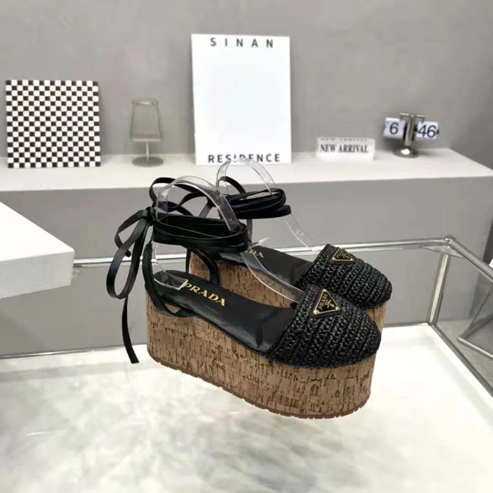 Prada Crochet Wedge Sandals with Enameled Metal Triangle Logo for Women in Black