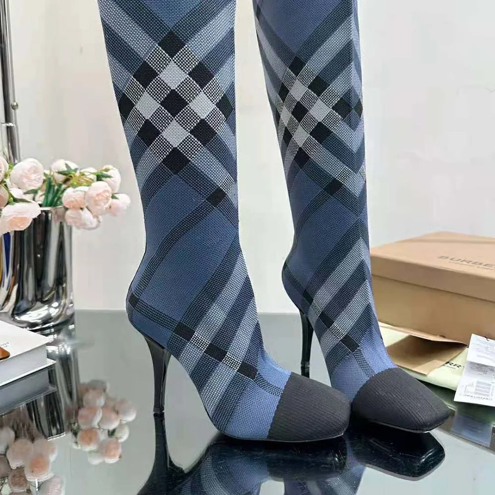 Burberry Knitted Check Sock Boots for Women in Blue Burberry Knitted Check Sock Boots for Women in Blue