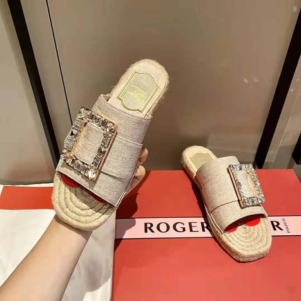 Roger Vivier Strass Buckle Espadrille Mules in Fabrics