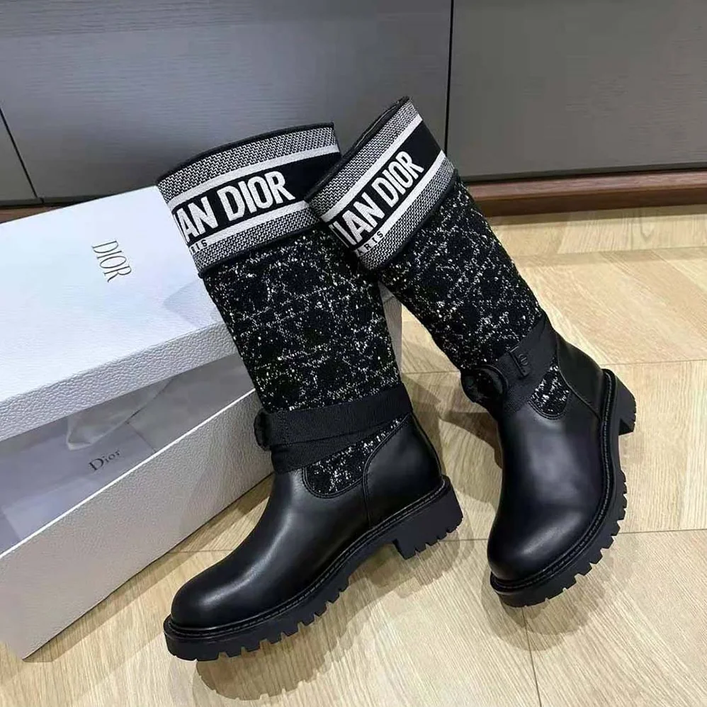 Dior D-Major Boot Black Calfskin with Black and White Cannage Tweed for Women Dior D-Major Boot Black Calfskin with Black and White Cannage Tweed for Women